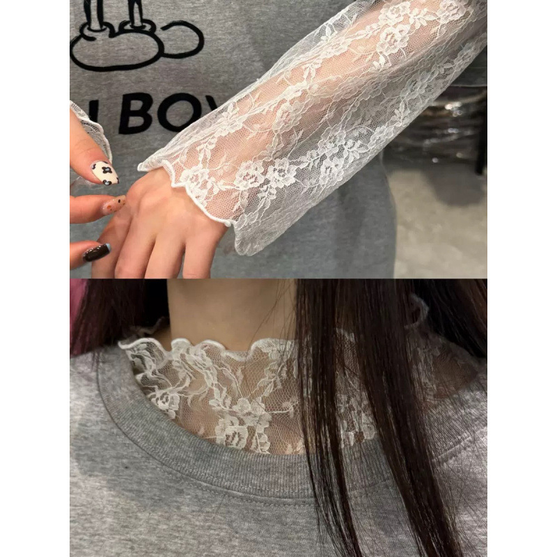 Korejski inspiriran slojeviti top s cvjetnom čipkom, okrugli izrez, dugi rukav, najlon, slim fit