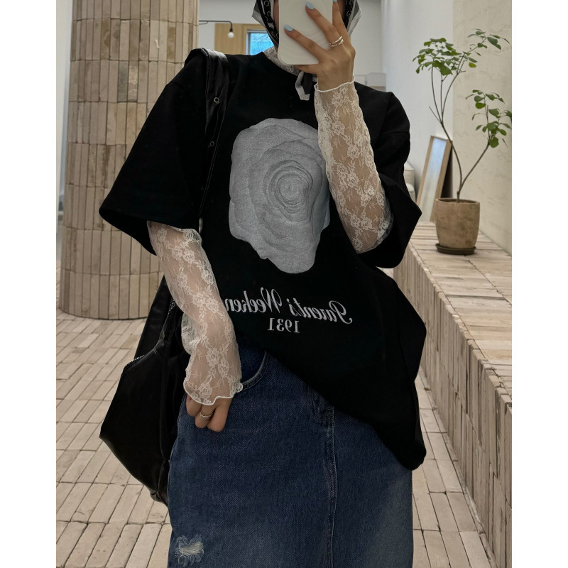 Korejski inspiriran slojeviti top s cvjetnom čipkom, okrugli izrez, dugi rukav, najlon, slim fit