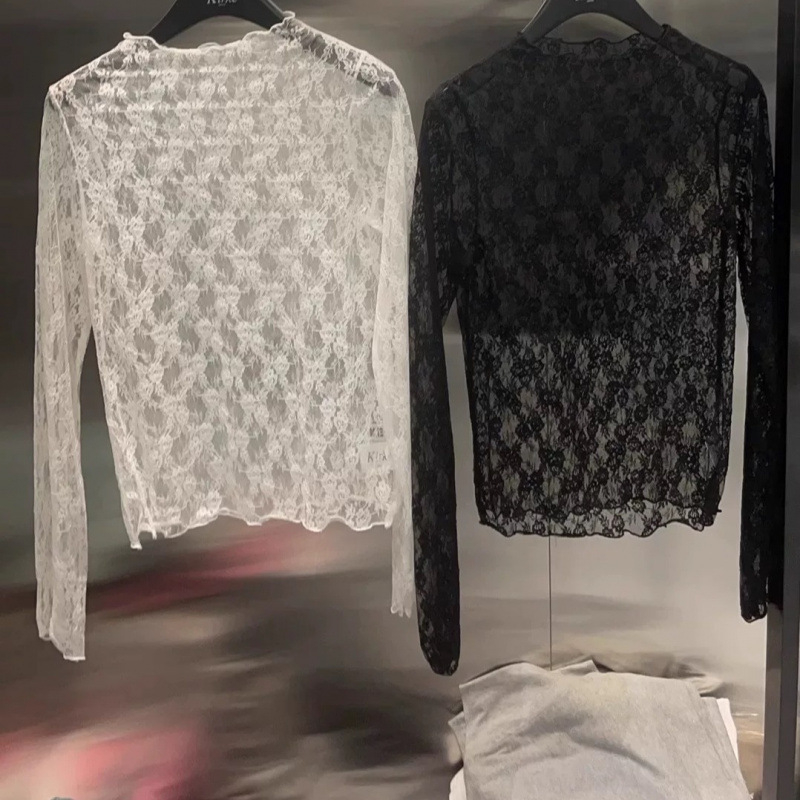 Korejski inspiriran slojeviti top s cvjetnom čipkom, okrugli izrez, dugi rukav, najlon, slim fit