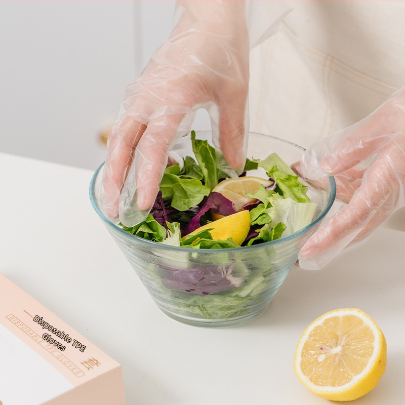 Mănuși TPE de unică folosință, de calitate alimentară, impermeabile, anti-alunecare, transparente, subțiri 0,05–0,1 mm (pentru catering, bucătărie, gătit și uz casnic)