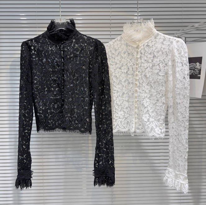 Čipkasta bluza s 3D učinkom, dugi rukavi, otvoreni prednji dio, ručno kukičana, stil zvijezda