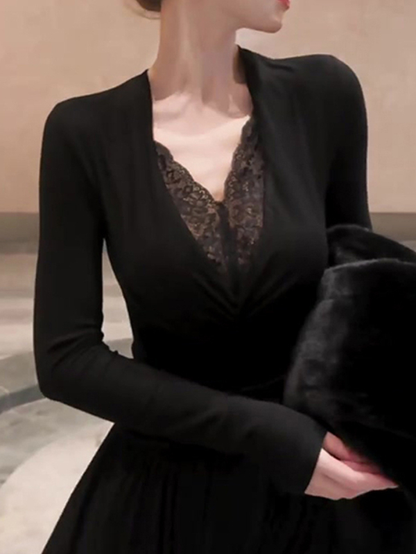 Ženski T-shirt, pamukova smjesa, dugi rukav, V-izrez, elegantan gradski stil