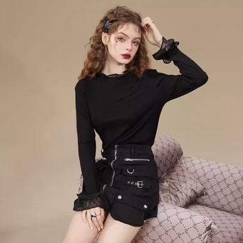 Tricou femei cu glugă și dantelă, mânecă lungă, guler rotund, material poliester 80-90%, toamnă 2025, stil de relax japonez-coreean