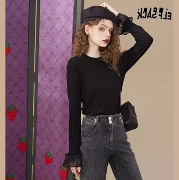 Tricou femei cu glugă și dantelă, mânecă lungă, guler rotund, material poliester 80-90%, toamnă 2025, stil de relax japonez-coreean