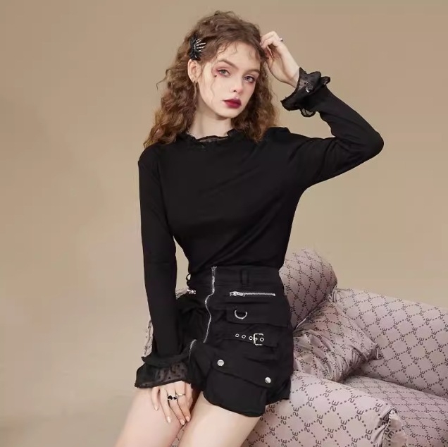 Tricou femei cu glugă și dantelă, mânecă lungă, guler rotund, material poliester 80-90%, toamnă 2025, stil de relax japonez-coreean