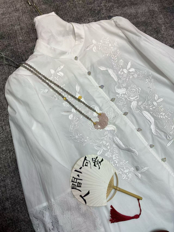 Cămașă din bumbac cu broderie și dantelă, mâneci lungi, guler înalt, model plante și flori, stil cardigan, stil chinezesc