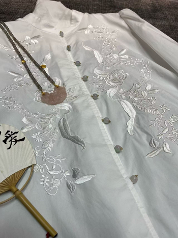 Cămașă din bumbac cu broderie și dantelă, mâneci lungi, guler înalt, model plante și flori, stil cardigan, stil chinezesc