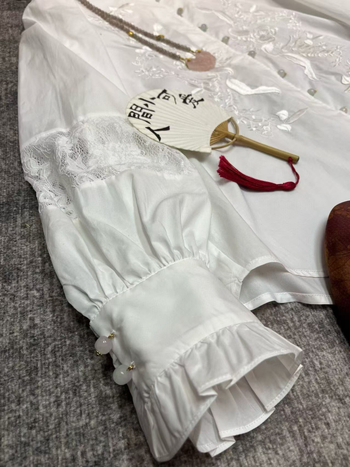 Cămașă din bumbac cu broderie și dantelă, mâneci lungi, guler înalt, model plante și flori, stil cardigan, stil chinezesc