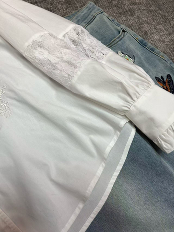 Cămașă din bumbac cu broderie și dantelă, mâneci lungi, guler înalt, model plante și flori, stil cardigan, stil chinezesc