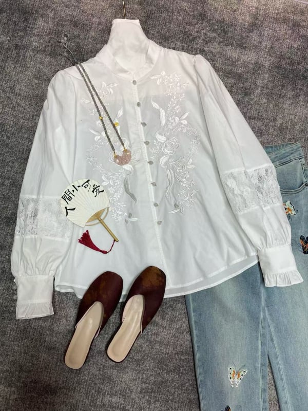 Cămașă din bumbac cu broderie și dantelă, mâneci lungi, guler înalt, model plante și flori, stil cardigan, stil chinezesc