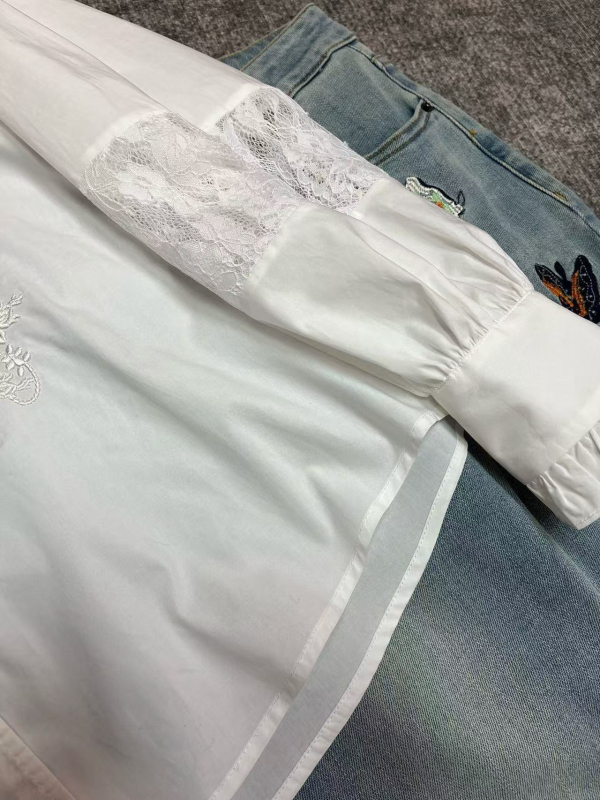 Cămașă din bumbac cu broderie și dantelă, mâneci lungi, guler înalt, model plante și flori, stil cardigan, stil chinezesc