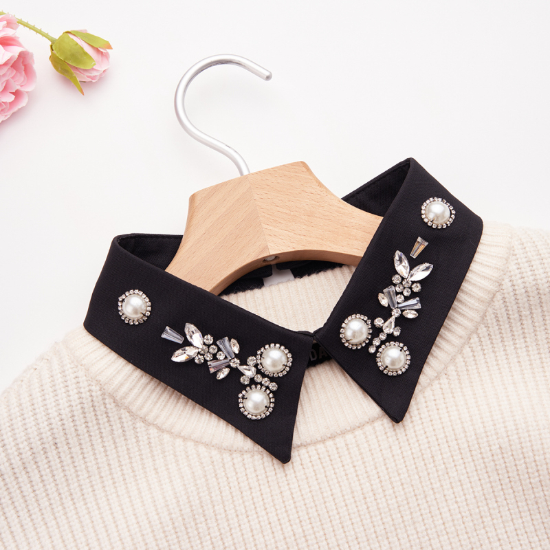 Colier decorativ detașabil pentru cămașă, cu perle și cristale – stil vintage, corp din poliester-satin, căptușeală 100% poliester, 45 g, vara 2024