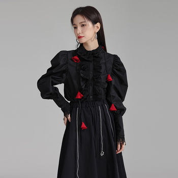 Cămașă din bumbac cu guler dantelat și mâneci bufante, culoare uni