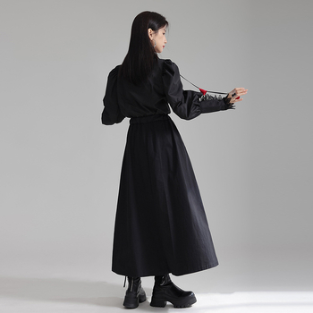 Cămașă din bumbac cu guler dantelat și mâneci bufante, culoare uni