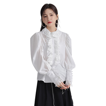 Cămașă din bumbac cu guler dantelat și mâneci bufante, culoare uni