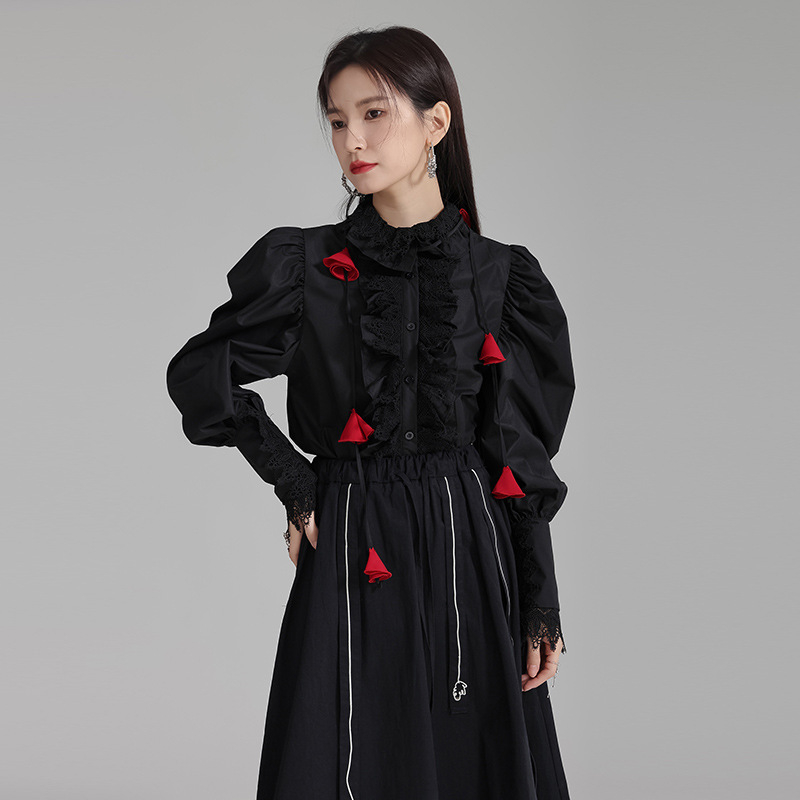 Cămașă din bumbac cu guler dantelat și mâneci bufante, culoare uni