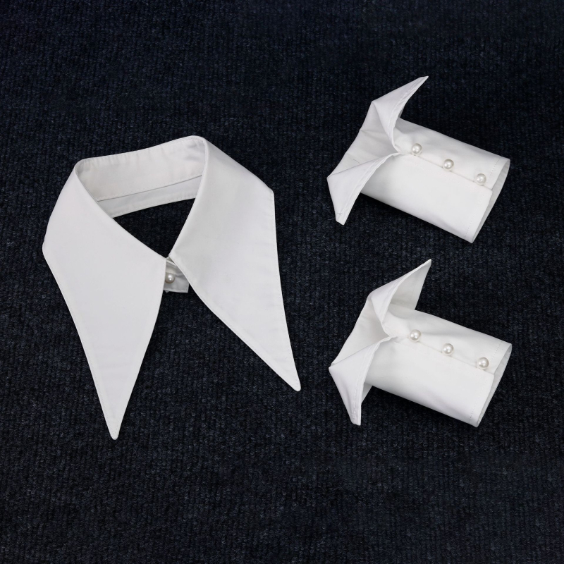 Guler decorativ detașabil pentru femei, cu guler mare în formă de vârf, manșete cu perle, țesătură din bumbac, căptușeală din poliester