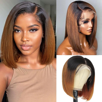 Γυναικεία περούκα με μπροστινή δαντέλα, θερμοανθεκτικό συνθετικό ινά, μπομ στυλ με κεκλιμένα φράντζ, εσωτερικά ρυθμιζόμενη ζώνη