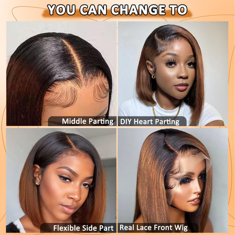 Γυναικεία περούκα με μπροστινή δαντέλα, θερμοανθεκτικό συνθετικό ινά, μπομ στυλ με κεκλιμένα φράντζ, εσωτερικά ρυθμιζόμενη ζώνη