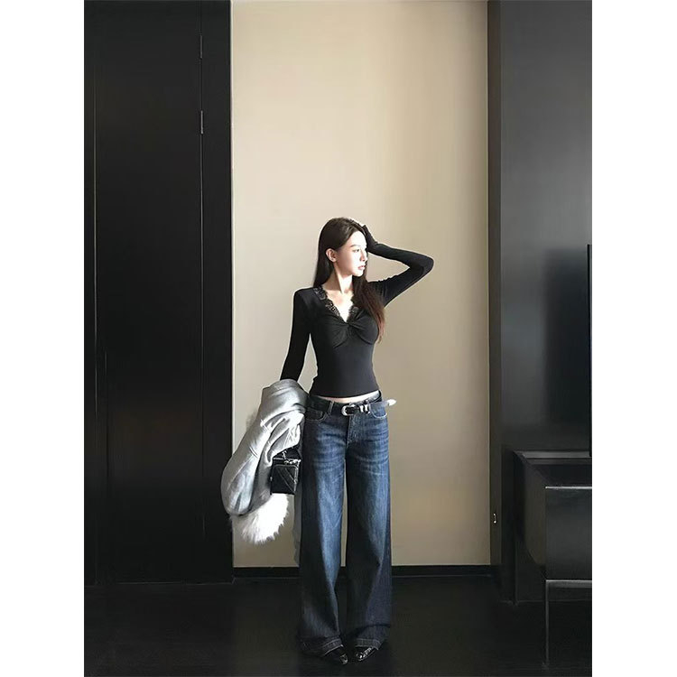 Pulover tricotat pentru femei cu decolteu în V, croială Slim, amestec din bumbac și celuloză regenerată, mâneci lungi