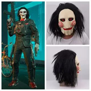 Vörös farkas láncfűrészes horror-klaun cosplay paróka és latex maszk Halloweenre
