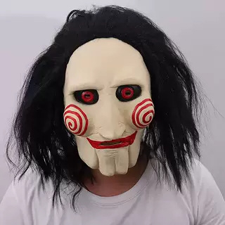 Vörös farkas láncfűrészes horror-klaun cosplay paróka és latex maszk Halloweenre