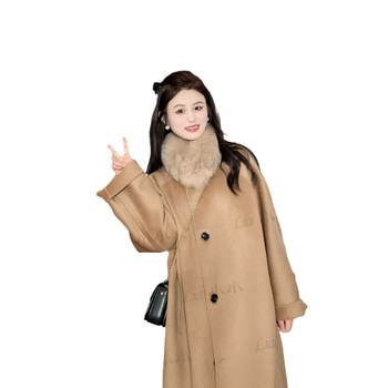 Palton de lână pentru femei cu guler din blană de vulpe – croială lejeră, lungime medie, nasturi pe un rând, stil coreean