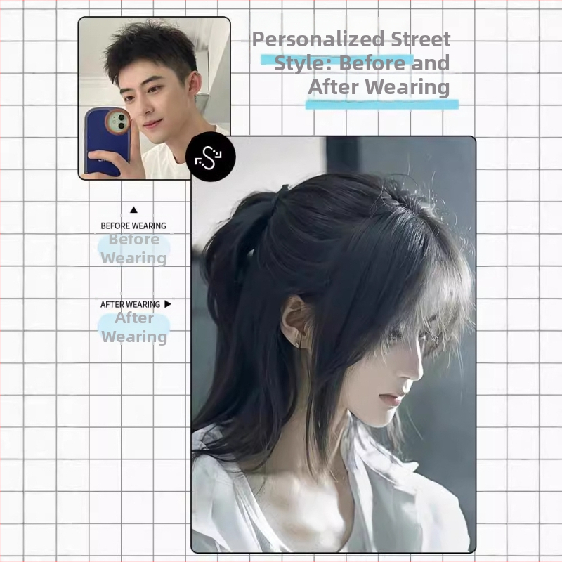 Perucă pentru bărbați cu stil coadă de lup (mullet), fibre rezistente la temperaturi înalte, mecanism de fabricație, model Dm432