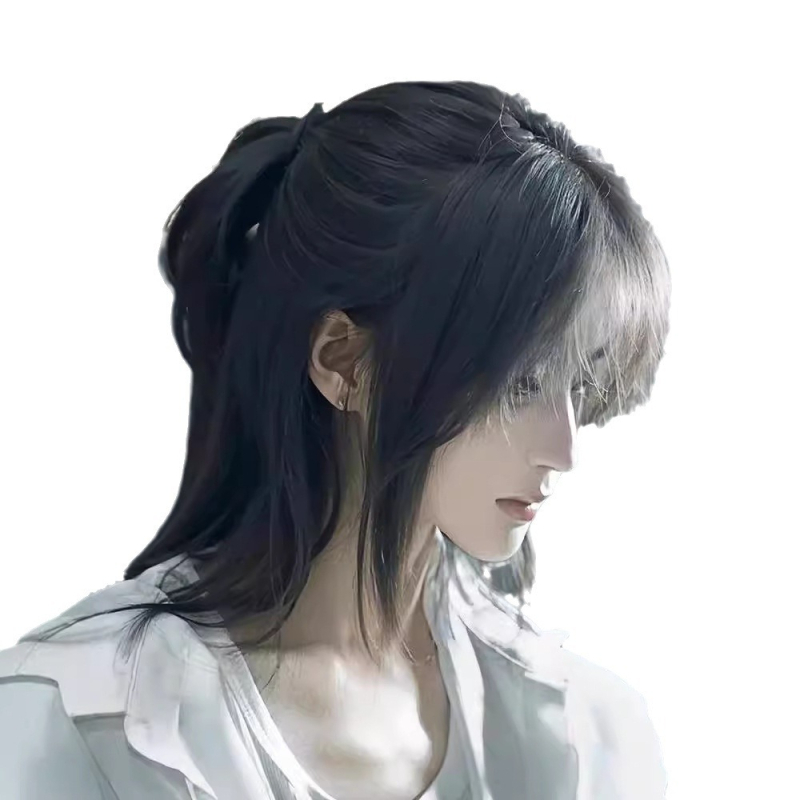 Perucă pentru bărbați cu stil coadă de lup (mullet), fibre rezistente la temperaturi înalte, mecanism de fabricație, model Dm432