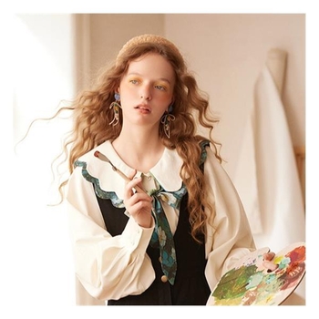 Bluza cu imprimeu floral, croială liberă, guler Peter Pan, mâneci lungi, material spandex