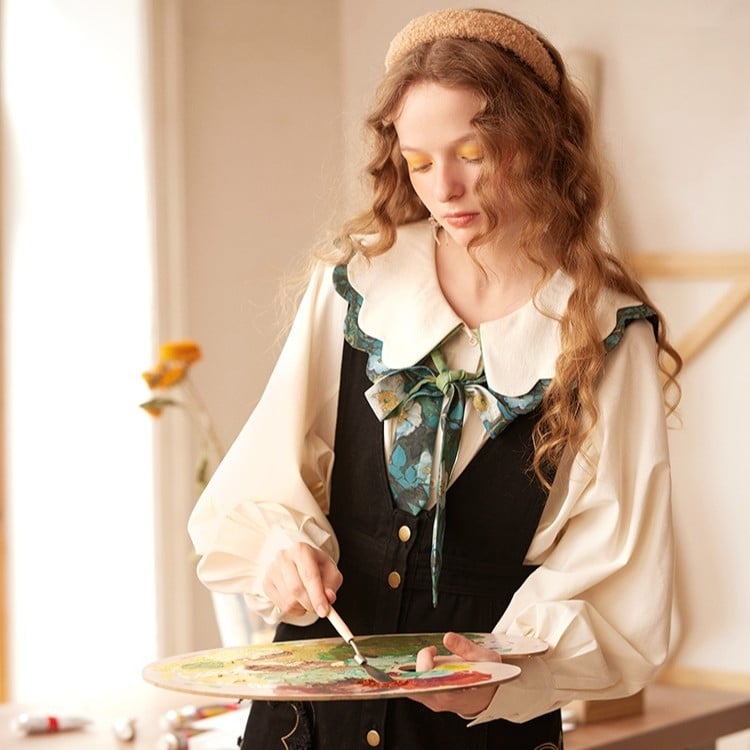 Bluza cu imprimeu floral, croială liberă, guler Peter Pan, mâneci lungi, material spandex