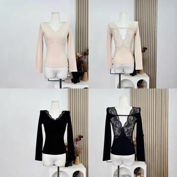 Maieu cu spate gol, talie strânsă, panou din dantelă, decolteu în V, broderie