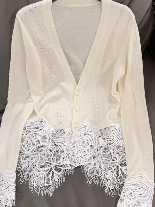 Cardigan od chenille s čipkastim umetkom, polo ovratnik i rukavi u stilu princeze, udio spandexa ispod 30%, proljeće 2025, ženski top