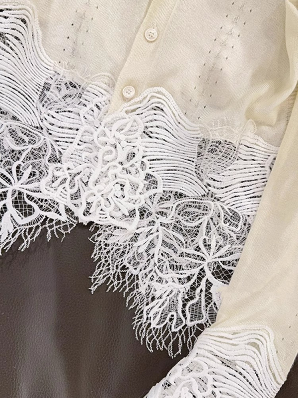Cardigan od chenille s čipkastim umetkom, polo ovratnik i rukavi u stilu princeze, udio spandexa ispod 30%, proljeće 2025, ženski top