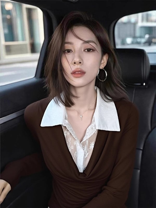 Tricou din poliester cu mâneci lungi, detaliu de îmbinare și guler polo, strat de bază elegant pentru mers la serviciu