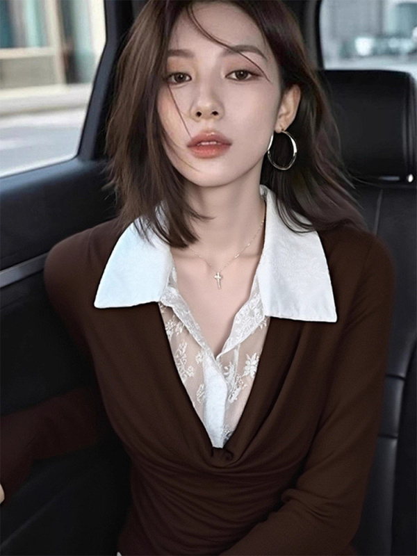 Tricou din poliester cu mâneci lungi, detaliu de îmbinare și guler polo, strat de bază elegant pentru mers la serviciu