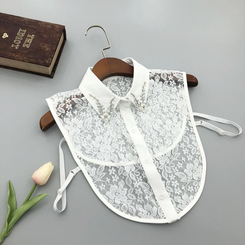 Guler detașabil, manual, cu mărgele de cristal, dantelă pe spate, stil retro pentru bluze cu decolteu în V