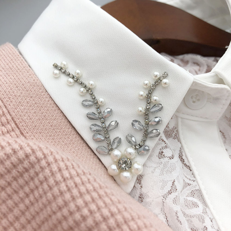 Guler detașabil, manual, cu mărgele de cristal, dantelă pe spate, stil retro pentru bluze cu decolteu în V