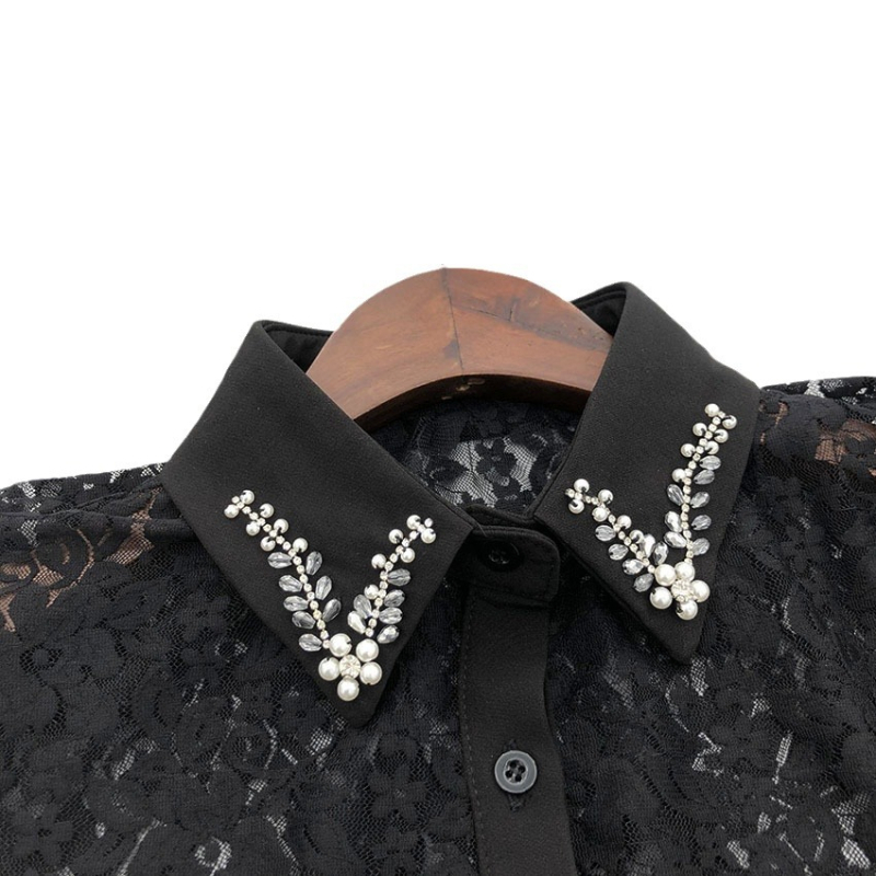 Guler detașabil, manual, cu mărgele de cristal, dantelă pe spate, stil retro pentru bluze cu decolteu în V