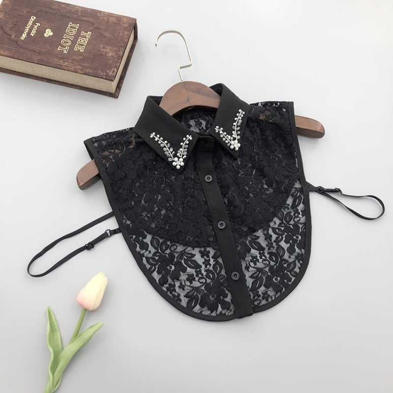 Guler detașabil, manual, cu mărgele de cristal, dantelă pe spate, stil retro pentru bluze cu decolteu în V