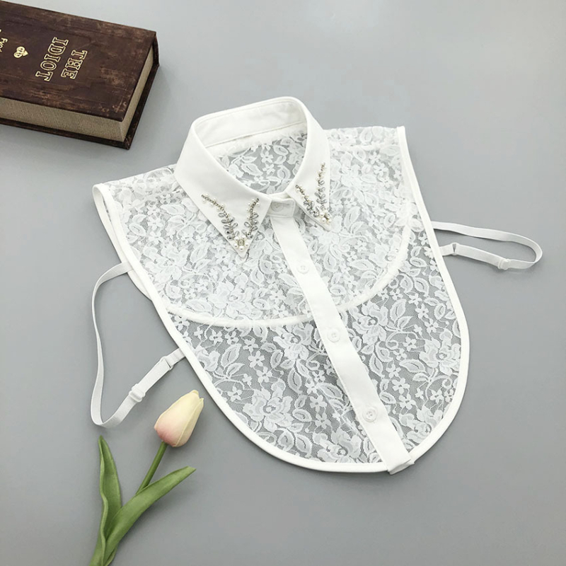 Guler detașabil, manual, cu mărgele de cristal, dantelă pe spate, stil retro pentru bluze cu decolteu în V