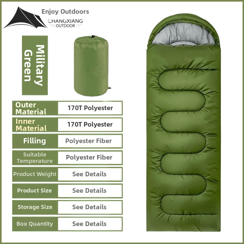 Sac de dormit tip envelope pentru camping în aer liber – umplutură din bumbac gol, căptușeală poliester, țesătură poliester, adult