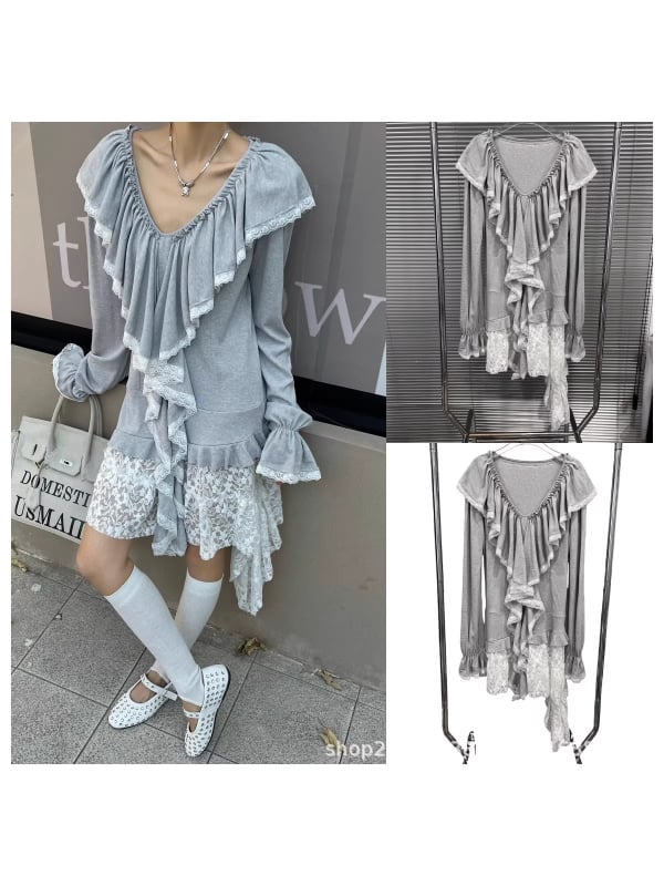 Pulover cu decolteu în V, croșetă dantelată cu margine din panglică, tricot din bumbac-elastan, croială A-line, mâneci lungi