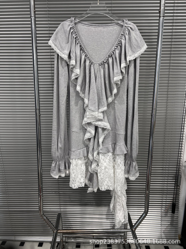 Pulover cu decolteu în V, croșetă dantelată cu margine din panglică, tricot din bumbac-elastan, croială A-line, mâneci lungi