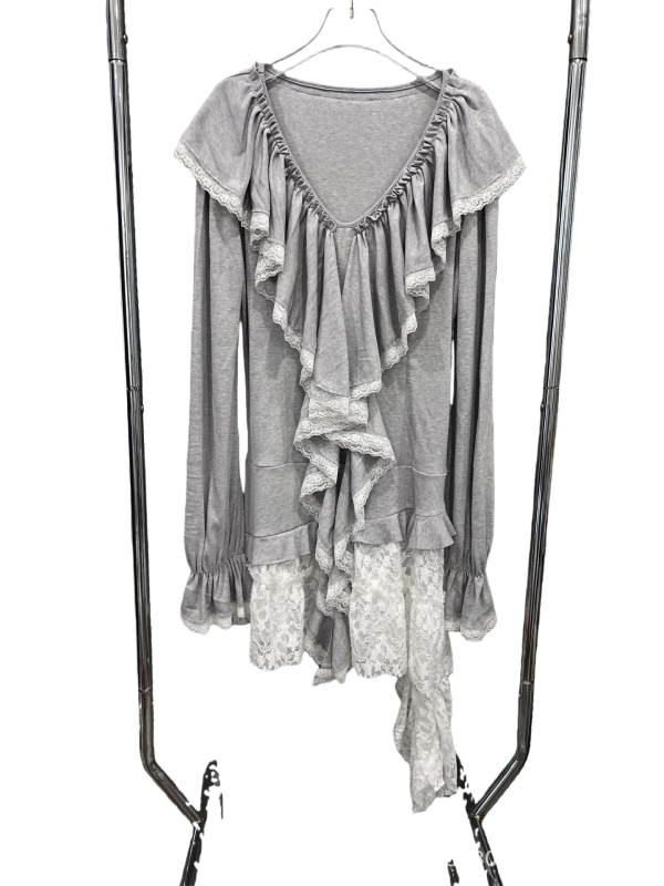 Pulover cu decolteu în V, croșetă dantelată cu margine din panglică, tricot din bumbac-elastan, croială A-line, mâneci lungi