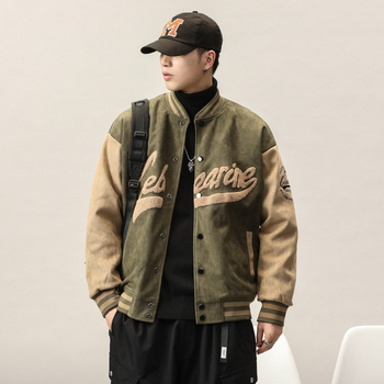 Őszi-téli velúr baseball kabát állógallérral, laza szabás, őz velúr anyag, hímzett részletek