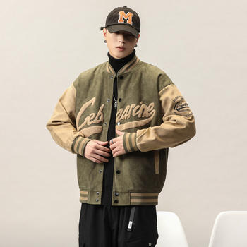 Őszi-téli velúr baseball kabát állógallérral, laza szabás, őz velúr anyag, hímzett részletek