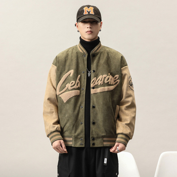 Őszi-téli velúr baseball kabát állógallérral, laza szabás, őz velúr anyag, hímzett részletek