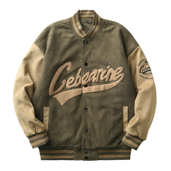 Őszi-téli velúr baseball kabát állógallérral, laza szabás, őz velúr anyag, hímzett részletek