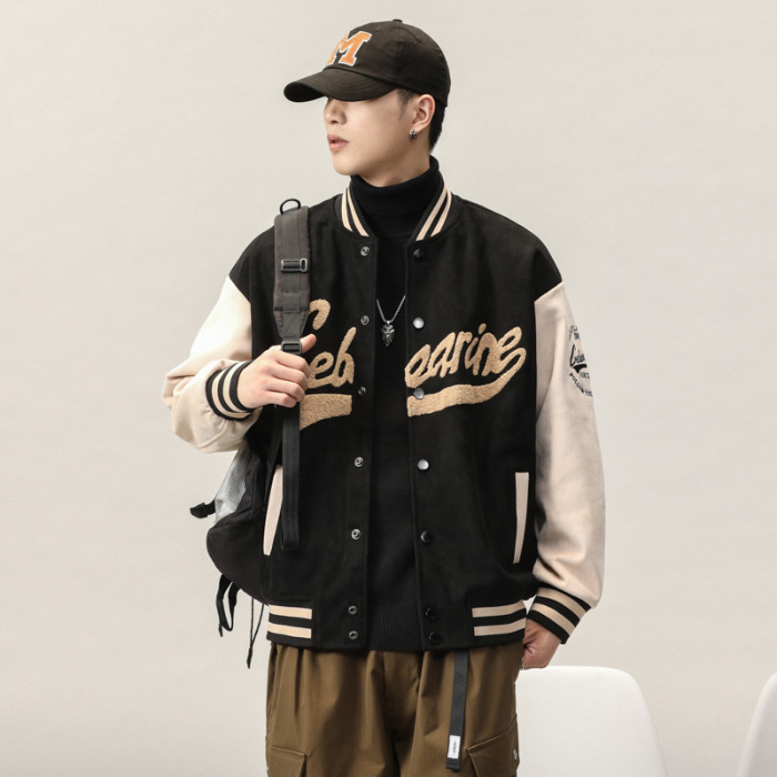Őszi-téli velúr baseball kabát állógallérral, laza szabás, őz velúr anyag, hímzett részletek